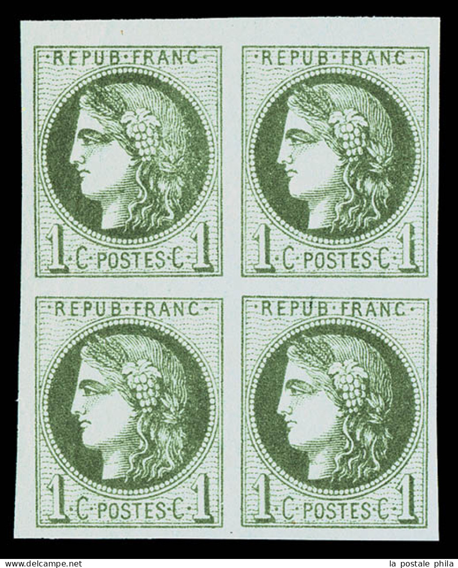 ** N°39A, 1c Olive Report I En Bloc De Quatre, Fraîcheur Postale, SUPERBE (certificat)  Qualité: ** - 1870 Bordeaux Printing