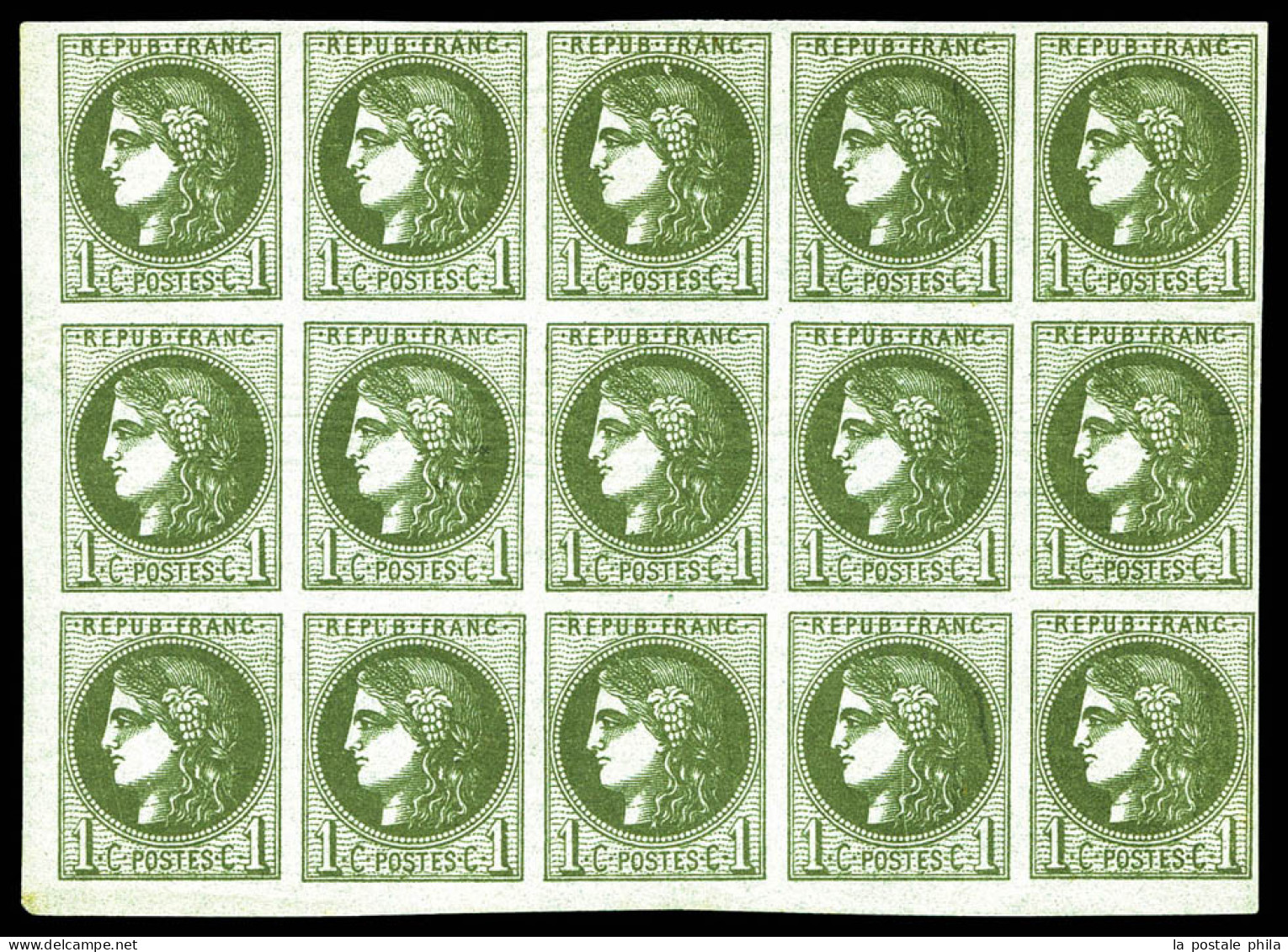 ** N°39Aa, 1c Olive Foncé Report 1: Bloc Report De 15 Timbres, Fraîcheur Postale. SUPERBE. R. (signé Calves/certificats) - 1870 Ausgabe Bordeaux