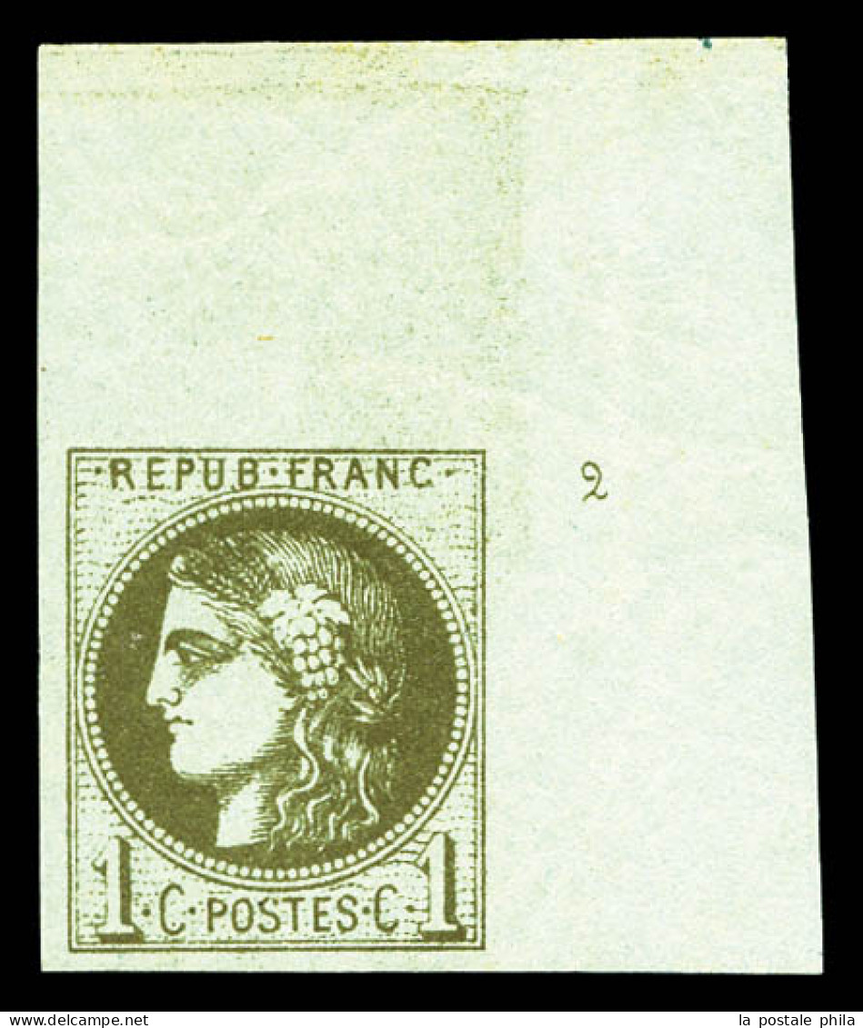 ** N°39C, 1c Olive, Coin De Feuille Intégral Avec Petit Chiffre '2' En Marge, Fraîcheur Postale. SUPERBE. R.R. (signé Br - 1870 Ausgabe Bordeaux