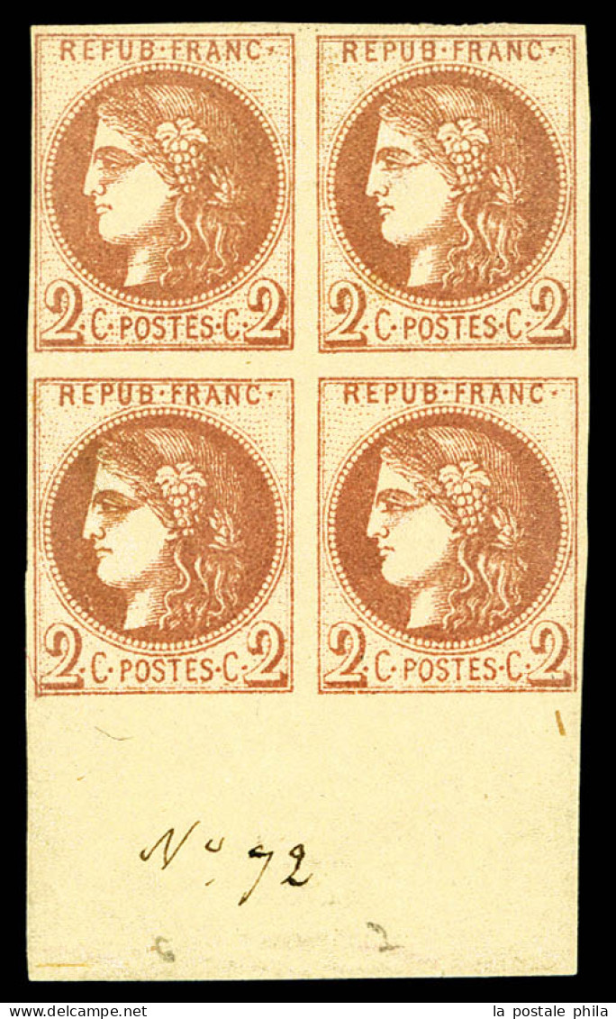 ** N°40A, 2c Chocolat Clair Report 1 En Bloc De Quatre Bord De Feuille (2ex*), Fraîcheur Postale, SUPERBE. R.R (signé Ca - 1870 Emisión De Bordeaux