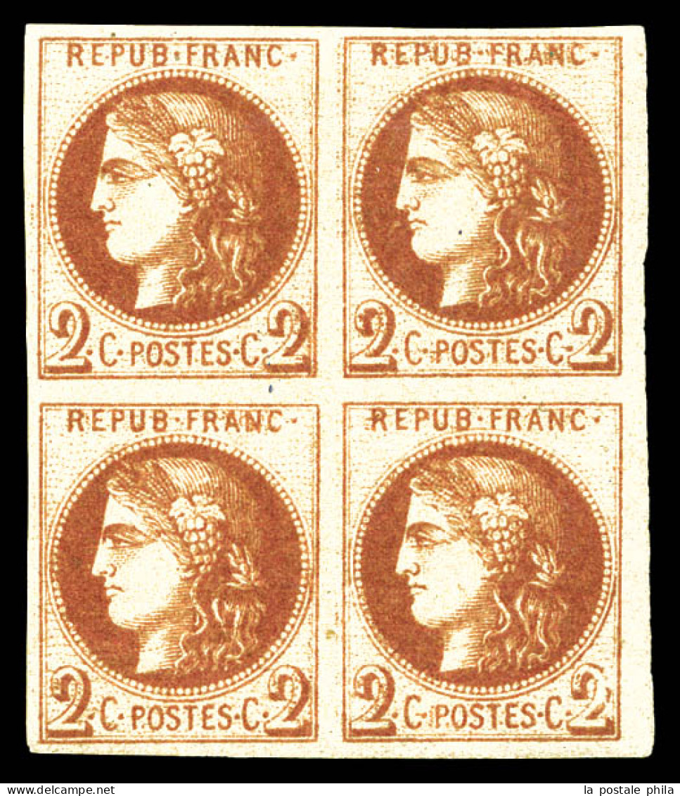 ** N°40Ad, 2c Chocolat Clair Report 1, Impression Fine De Tours En Bloc De Quatre (2ex*), FRAÎCHEUR POSTALE, R.R.R, PIEC - 1870 Bordeaux Printing