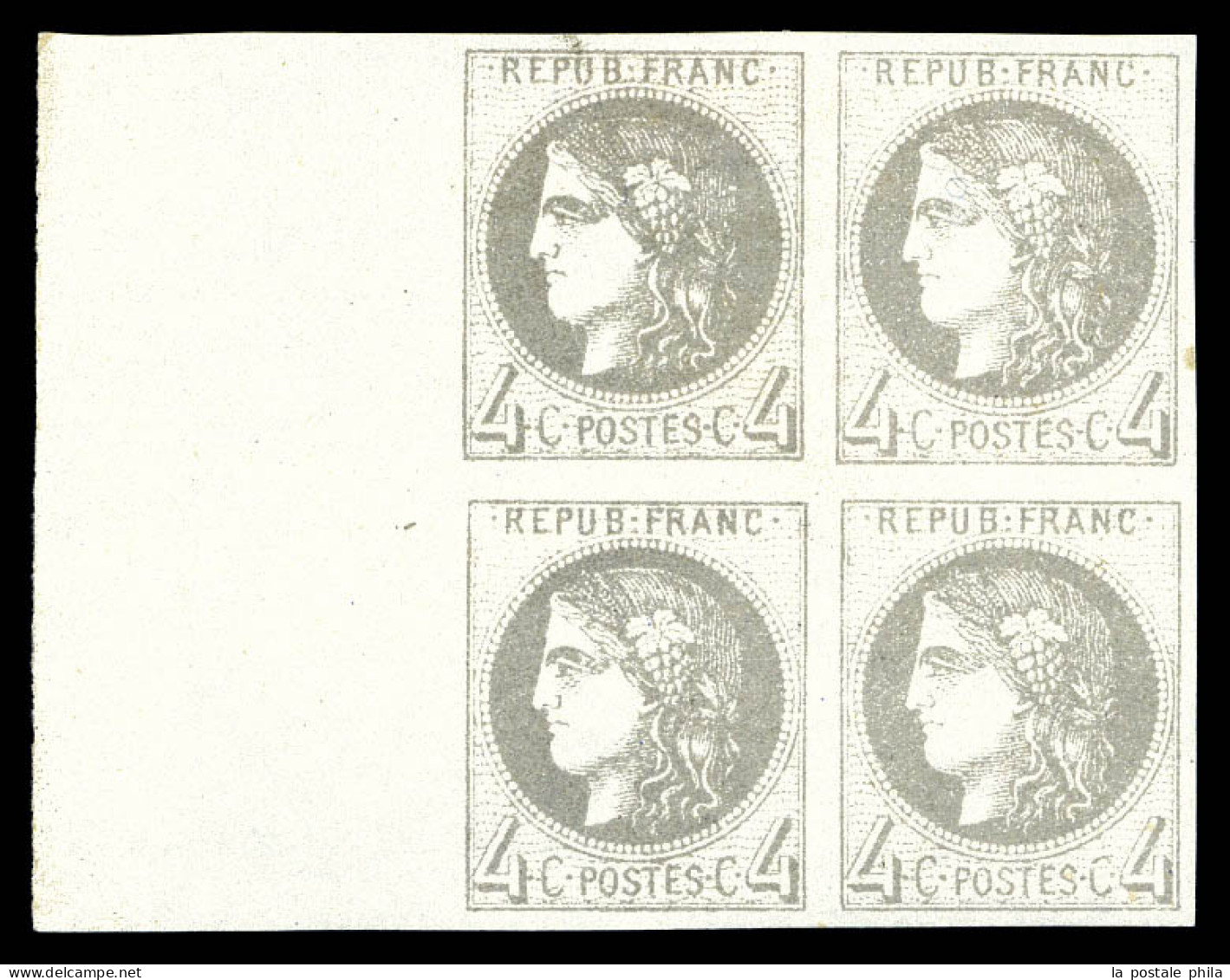 * N°41B, 4c Bordeaux: 2 Exemplaires Gris-clair (à Droite) Tenant à 2 Exemplaires Gris-foncé (à Gauche) En Bloc De Quatre - 1870 Emisión De Bordeaux