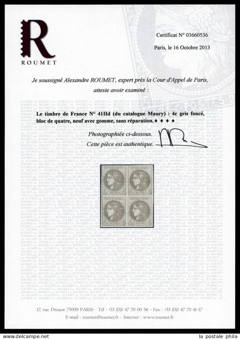 * N°41Bd, 4c Gris-foncé Report 2, Bloc De Quatre Bdf Latéral. SUP (signé/certificat)  Qualité: *  Cote: 3500 Euros - 1870 Bordeaux Printing