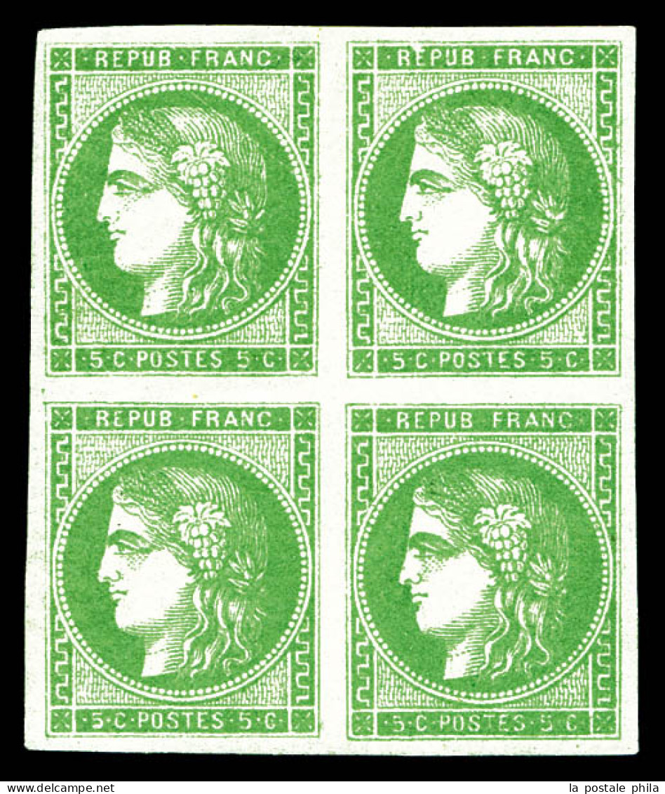 ** N°42A, 5c Vert-jaune Report 1 En Bloc De Quatre (positions 1, 2, 6, 7), (2ex*). FRAÎCHEUR POSTALE. GRANDE RARETE DE L - 1870 Bordeaux Printing