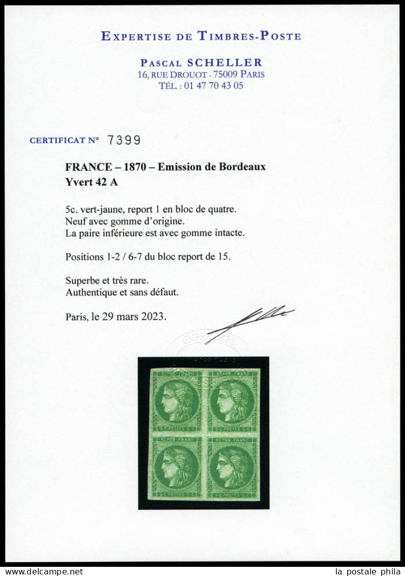 ** N°42A, 5c Vert-jaune Report 1 En Bloc De Quatre (positions 1, 2, 6, 7), (2ex*). FRAÎCHEUR POSTALE. GRANDE RARETE DE L - 1870 Emisión De Bordeaux