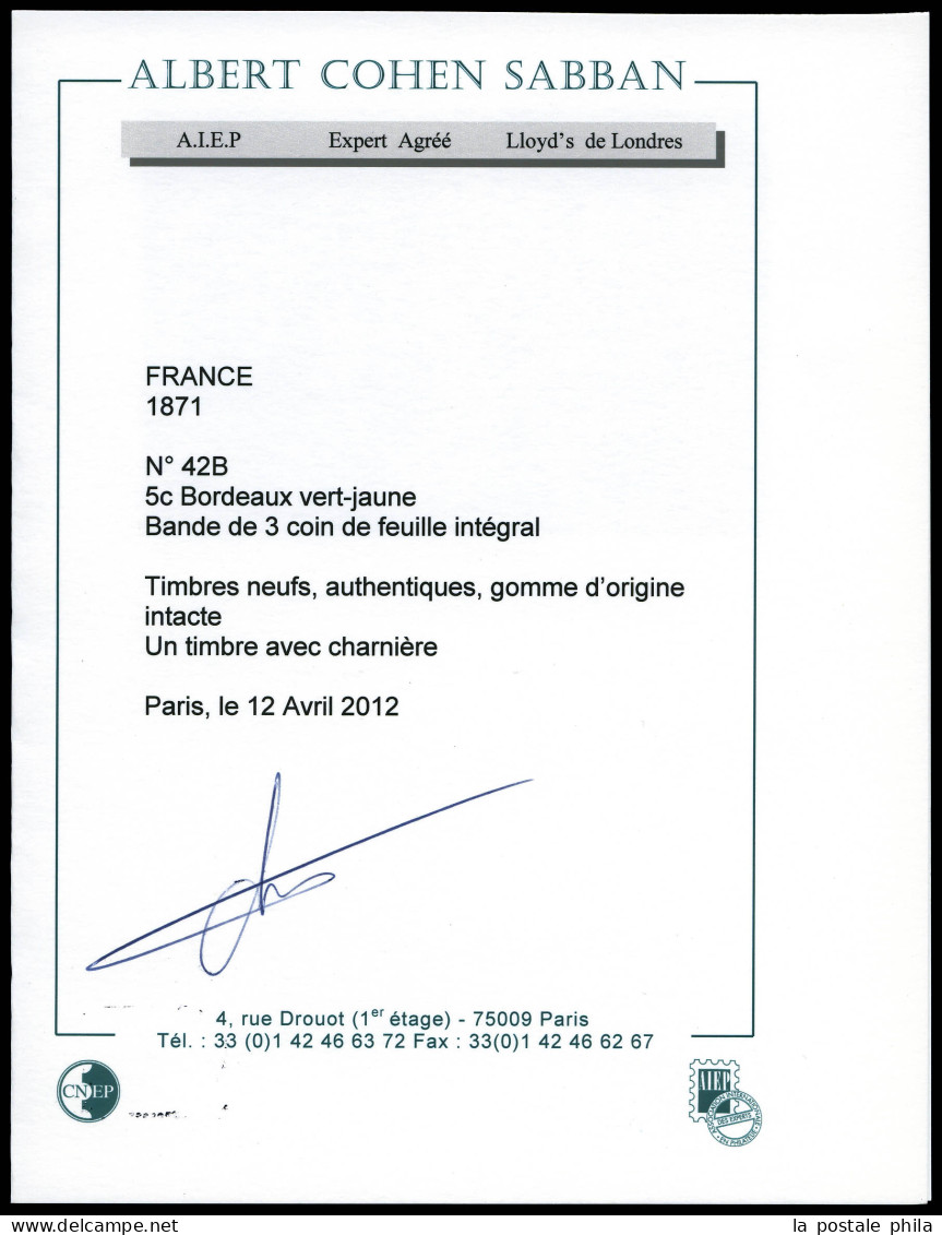 ** N°42B, 5c Vert-jaune Report 2 En Bande De 3 Coin De Feuille Intégral (1ex*), Fraîcheur Postale. SUPERBE. R. (certific - 1870 Emisión De Bordeaux