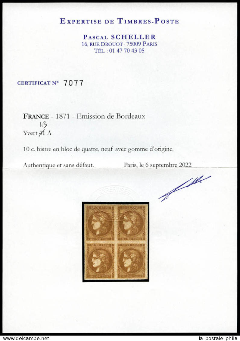 * N°43A, 10c Bistre En Bloc De Quatre, Très Belles Marges Et Grande Fraicheur. SUPERBE (signé Brun/certificats)  Qualité - 1870 Emisión De Bordeaux