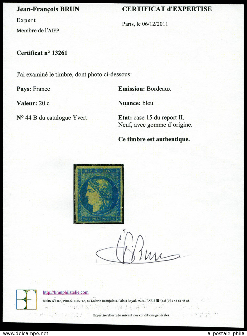 * N°44A, 20c Bleu, Gomme Légèrement Jaunie Sinon TB (signé Margues/certificat)  Qualité: *  Cote: 27500 Euros - 1870 Bordeaux Printing