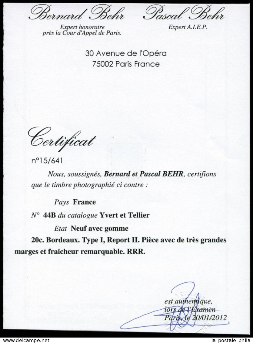 * N°44A, 20c Bleu, Gomme Légèrement Jaunie Sinon TB (signé Margues/certificat)  Qualité: *  Cote: 27500 Euros - 1870 Ausgabe Bordeaux
