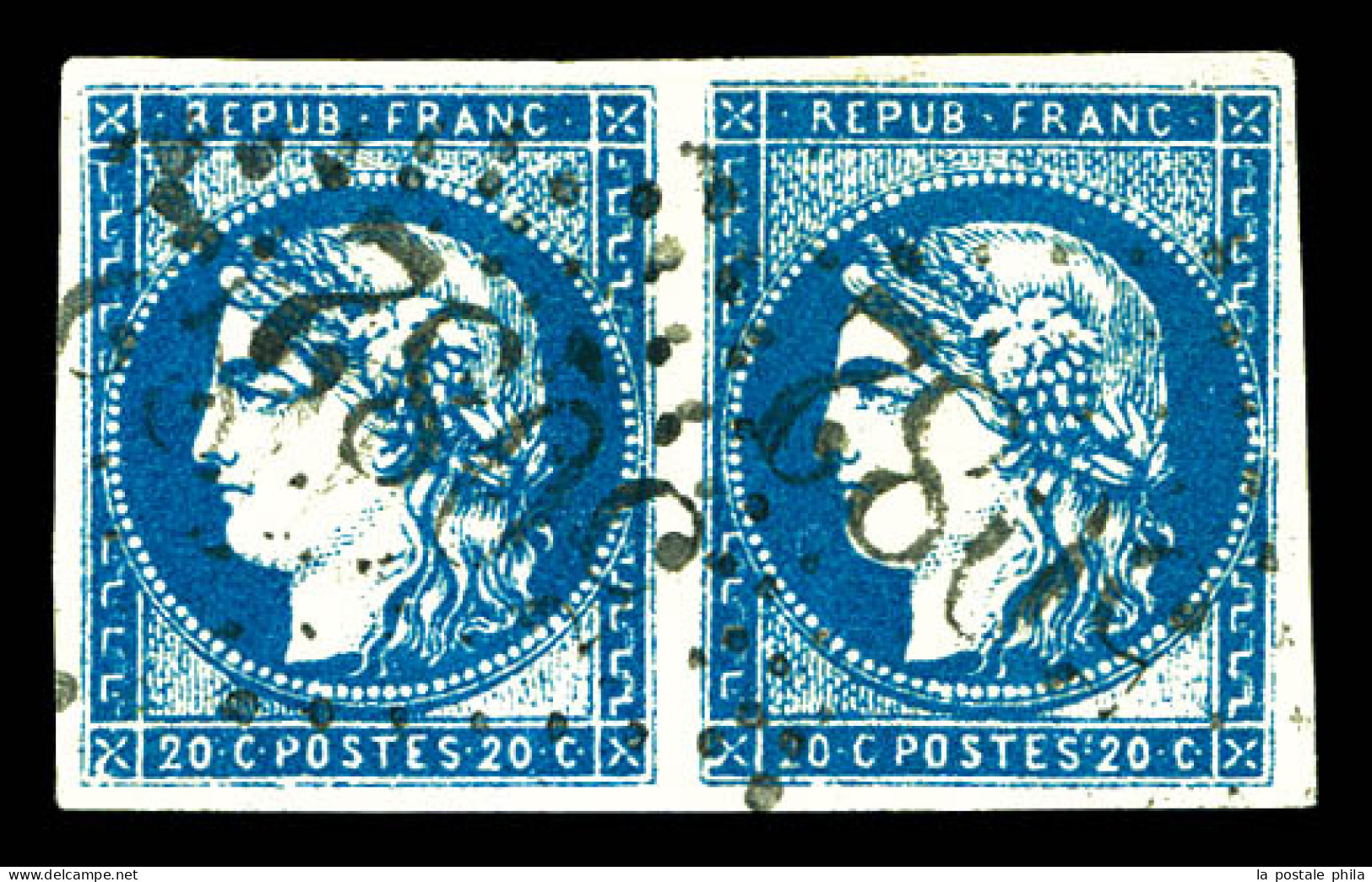 O N°44Aa, 20c Bleu Foncé Type I Report 1 En Paire Obl GC 5082, SUPERBE (signé Calves/Brun/certificat)  Qualité: Oblitéré - 1870 Bordeaux Printing