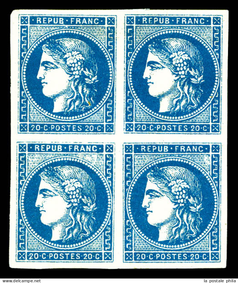 * N°45A, 20c Bleu Nuance Intense Type II Report 1 En Bloc De Quatre (1 Exemplaire **), Grandes Marges, Très Frais. SUP.  - 1870 Bordeaux Printing