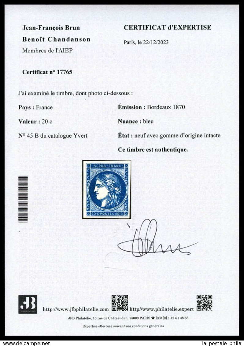 ** N°45B, 20c Bleu Type II Report 2, Fraîcheur Postale. SUPERBE. R. (certificats)  Qualité: ** - 1870 Bordeaux Printing