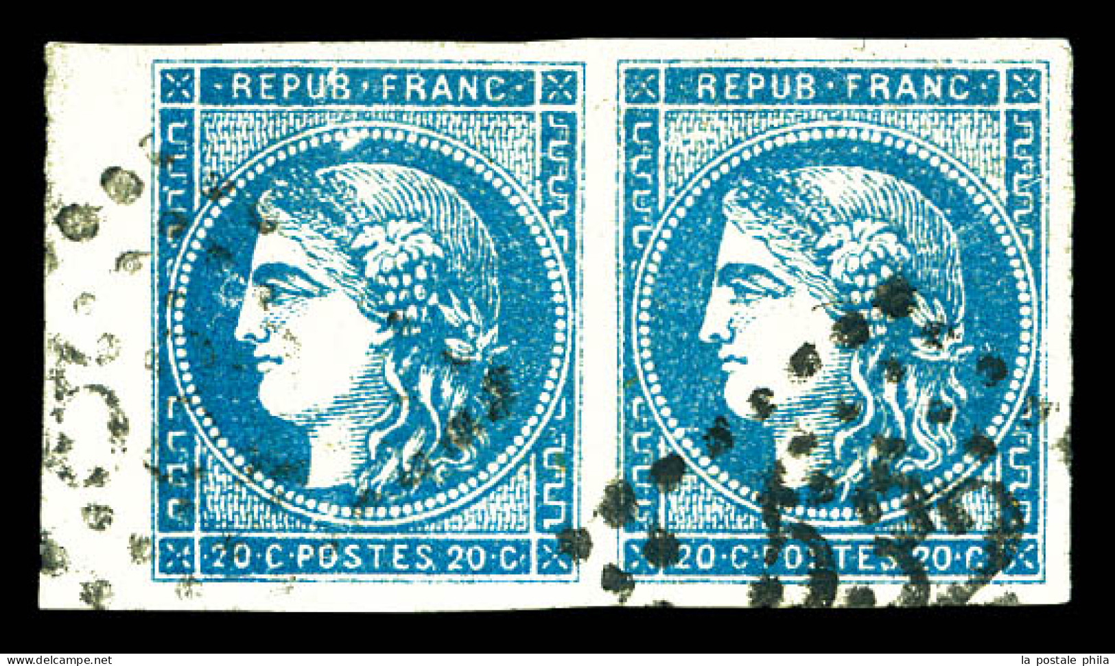 O N°45C, 20c Bleu Type II Report 3 En Paire Bord De Feuille Latéral Gauche, Pièce Choisie. SUP (signé Calves/certificat) - 1870 Emisión De Bordeaux