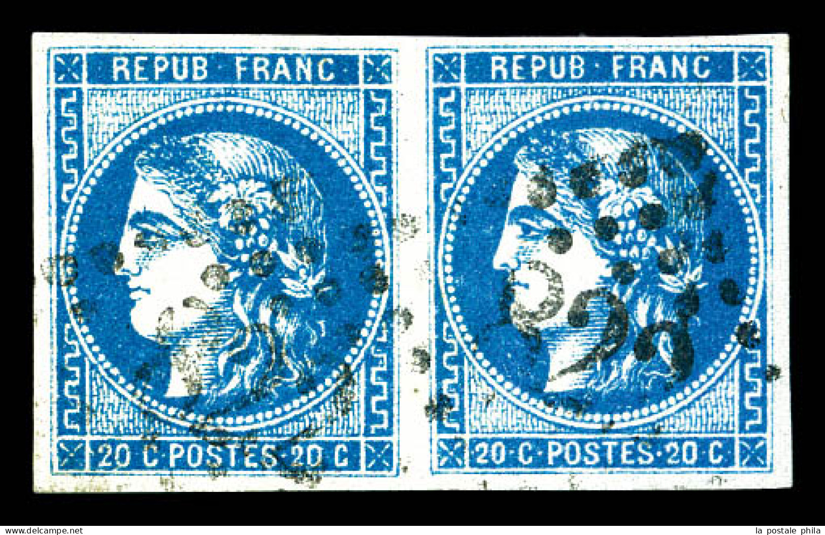 O N°46A, 20c Bleu Type III Report 1 En Paire. TTB  Qualité: Oblitéré  Cote: 500 Euros - 1870 Emission De Bordeaux