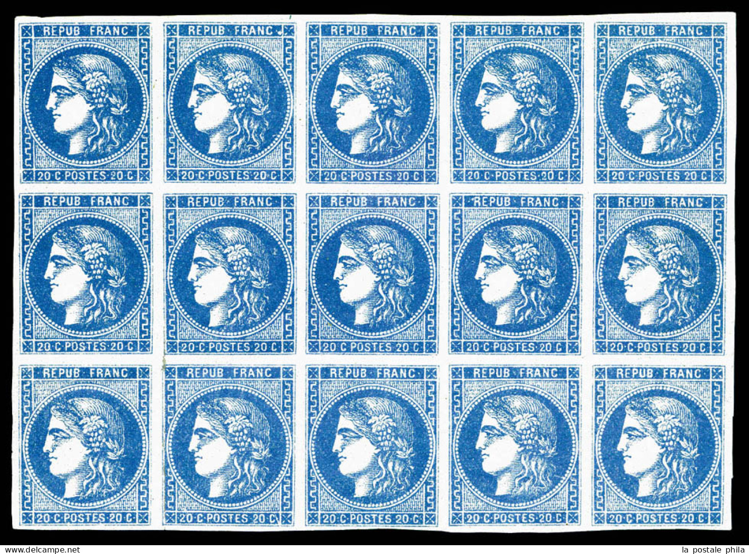 * N°46Ad, 20c BLEU OUTREMER Type III Report 1, Bloc Report Complet De 15 Exemplaires (6ex Pd Et 4 Ex **). PREMIERE PIECE - 1870 Emission De Bordeaux