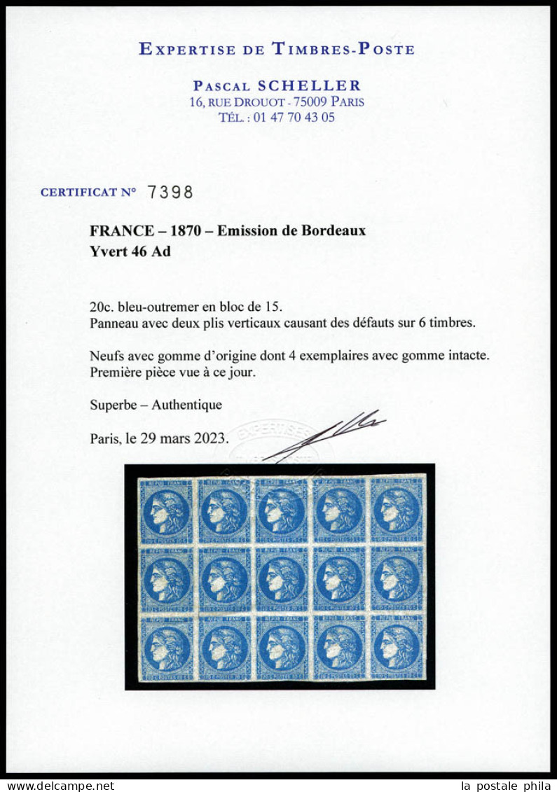 * N°46Ad, 20c BLEU OUTREMER Type III Report 1, Bloc Report Complet De 15 Exemplaires (6ex Pd Et 4 Ex **). PREMIERE PIECE - 1870 Ausgabe Bordeaux