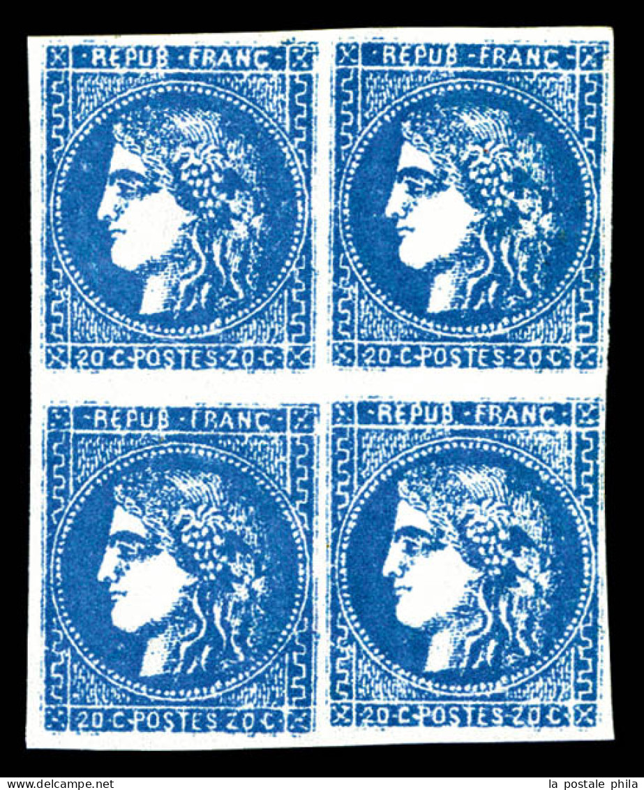 ** N°46B, 20c Bleu Type III Report 2: FAUX DE MARSEILLE En Bloc De Quatre, FRAÎCHEUR POSTALE, SUPERBE (certificat)  Qual - 1870 Ausgabe Bordeaux