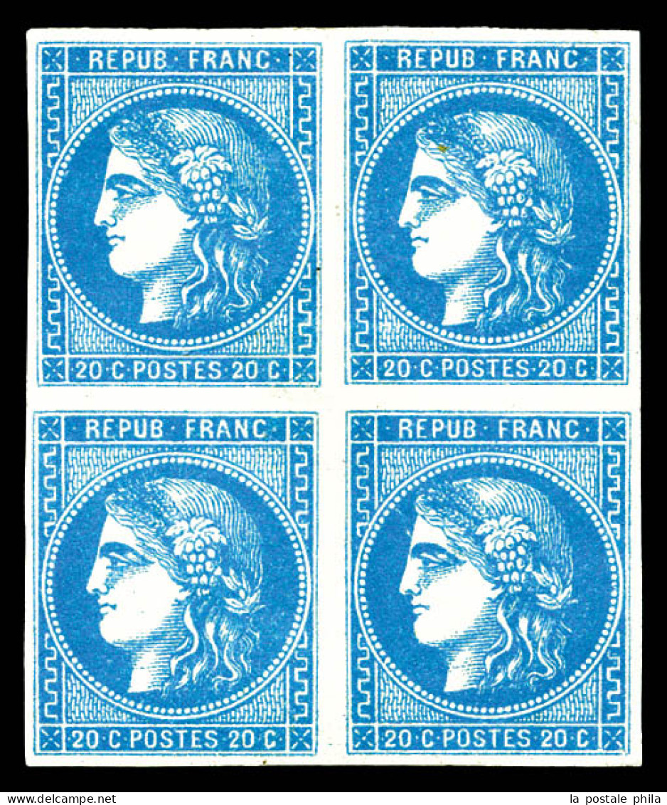 * N°46Bc, 20c Bleu Clair Type III Report 2 En Bloc De Quatre (1 Exemplaire **), Très Frais. SUP. R. (signé Calves/Brun/c - 1870 Bordeaux Printing