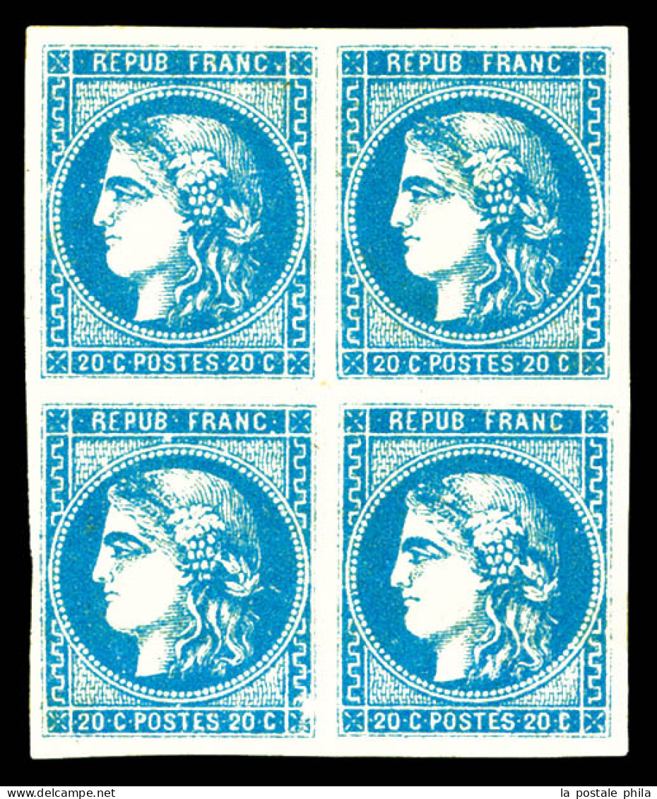 * N°46Bc, 20c Bleu Clair Type III Report 2 En Bloc De Quatre, Grandes Marges. SUP (signé Calves/Brun/Robineau/certificat - 1870 Emisión De Bordeaux