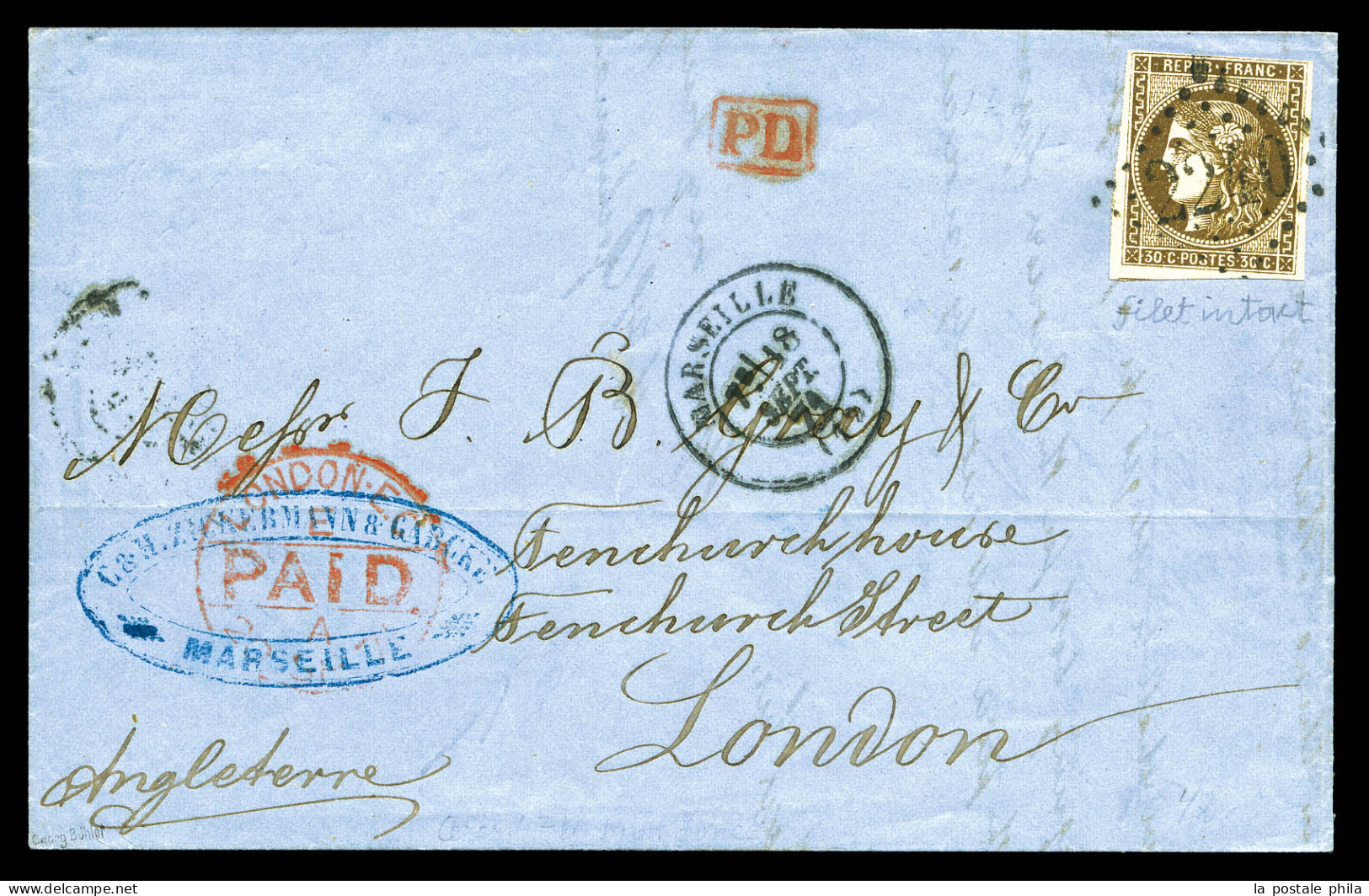 O N°47, 30c Brun Obl GC 2240 + Càd De MARSEILLE Sur Lettre Du 18 Sept 71 Pour LONDRES. TB  Qualité: Oblitéré  Cote: 450  - 1870 Bordeaux Printing