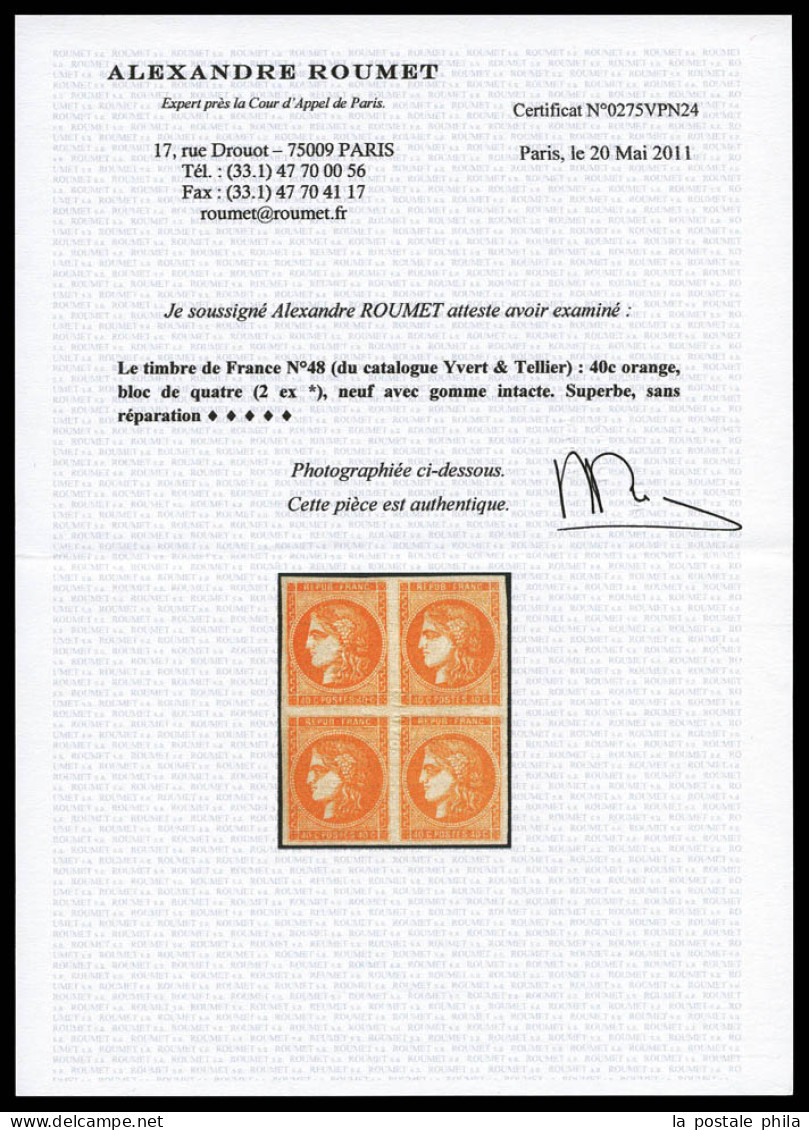 ** N°48, 40c Orange En Bloc De Quatre (2ex*), Jolie Pièce, FRAÎCHEUR POSTALE, SUP (signé/certificats)  Qualité: ** - 1870 Ausgabe Bordeaux