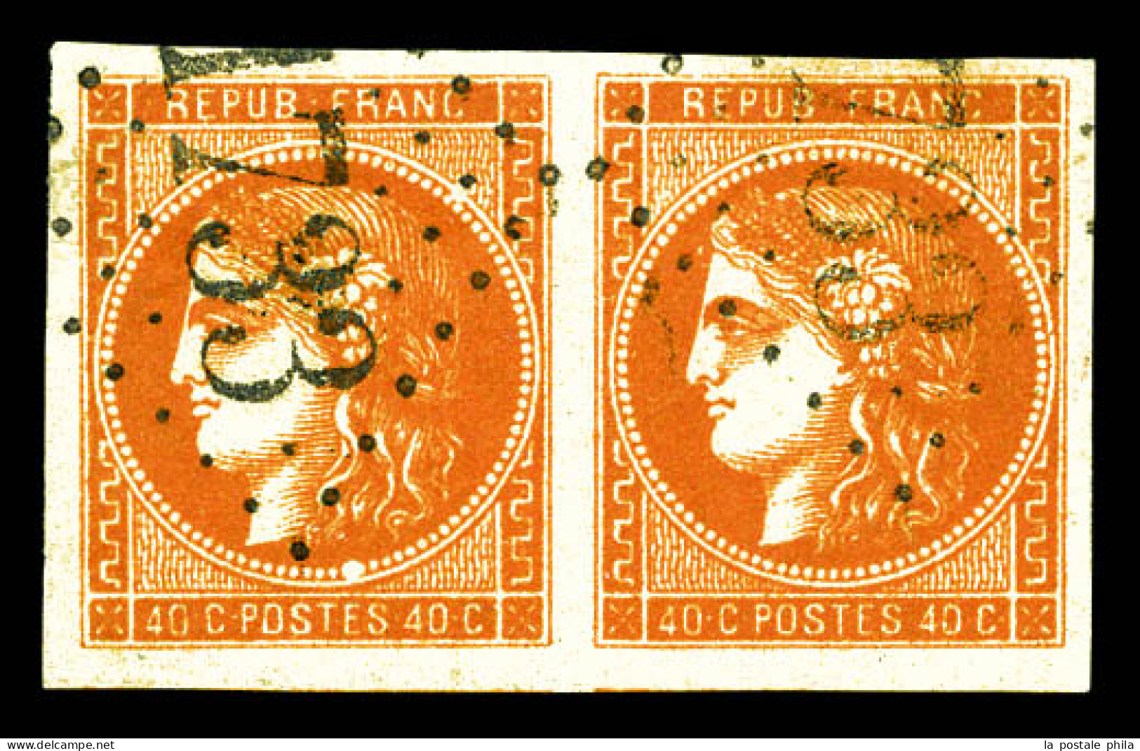 O N°48, 40c Orange En Paire Obl GC 1733, Très Grandes Marges. SUPERBE (certificat)  Qualité: Oblitéré - 1870 Bordeaux Printing