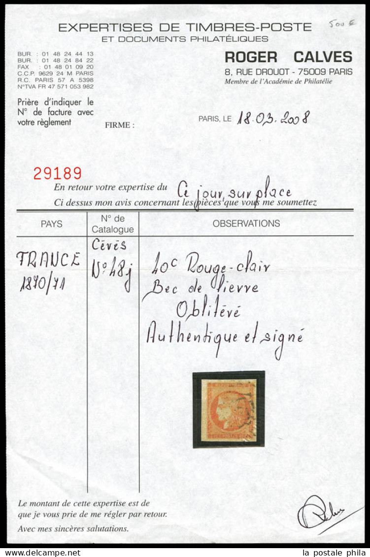 O N°48k, 40c Rouge Clair, Variété 'BEC DE LIEVRE', Bdf. SUP. R.R. (signé Calves/certificat)  Qualité: Oblitéré - 1870 Ausgabe Bordeaux