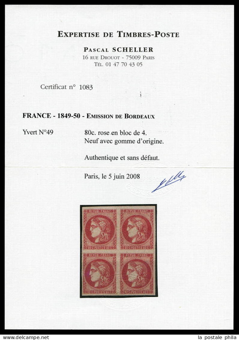 * N°49, 80c Rose En Bloc De Quatre, Belles Marges. TTB (signé Brun/Certificats)  Qualité: *  Cote: 3500 Euros - 1870 Ausgabe Bordeaux