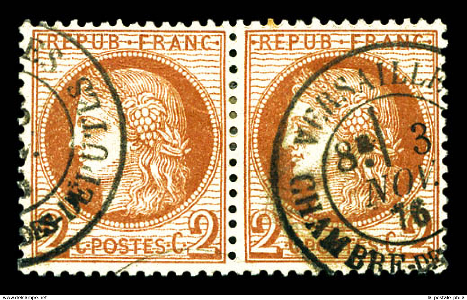 O N°51, 2c Rouge-brun, Paire Horizontale Obl VERSAILLES CHAMBRE DES DEPUTES De Novembre 76. TTB (certificats)  Qualité:  - 1871-1875 Cérès