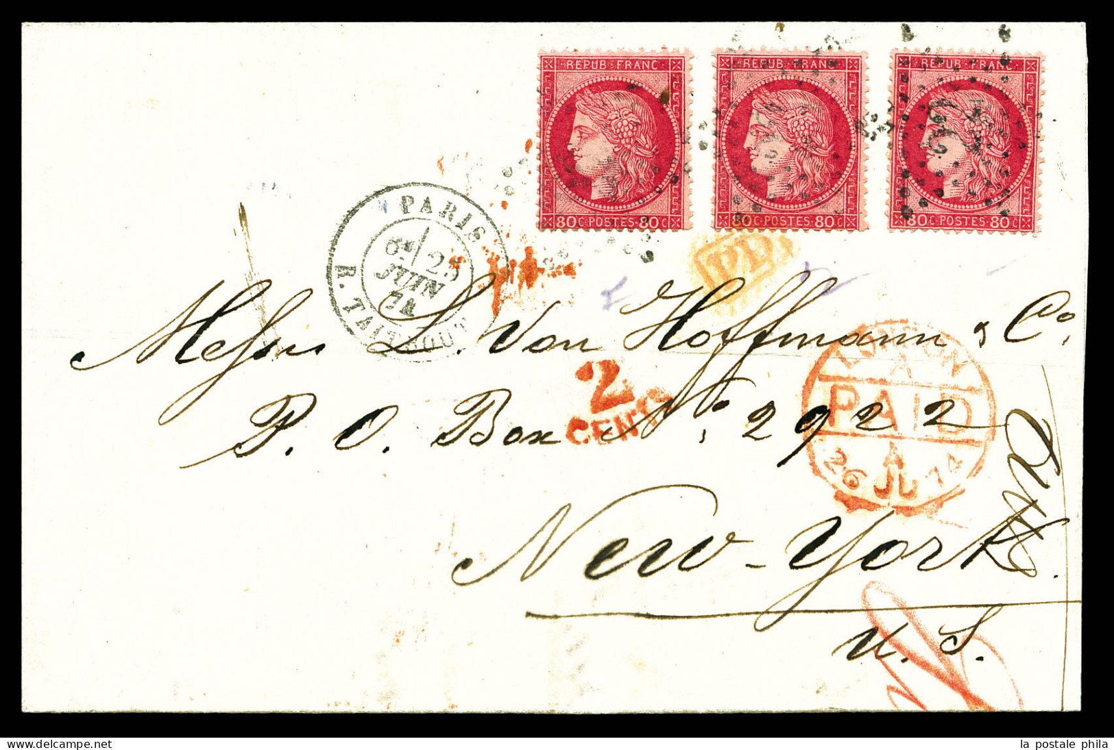 O N°57, 80c Rose X 3 Ex Obl étoile De PARIS + Càd Du 25 Juin 74 Sur Lettre Pour NEW YORK. TTB  Qualité: Oblitéré - 1849-1876: Classic Period