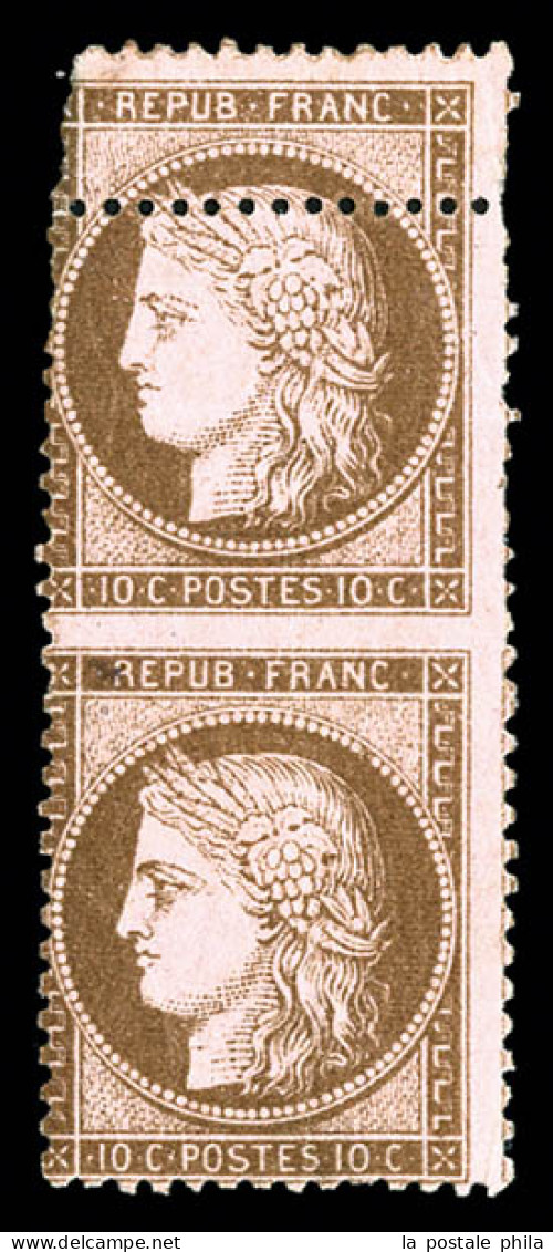 * N°58, 10c Brun Sur Rose: Piquage Decalé Tenant à Dentelé Sur 3 Cotés En Paire Verticale, R.R.R. Et SUPERBE (signé Brun - 1871-1875 Ceres