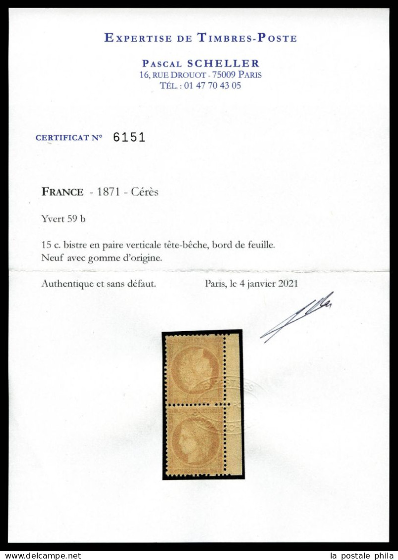 * N°59b, 15c Bistre En Paire Tête-bêche Verticale, Bord De Feuille Latéral, Très Bon Centrage. RARETE. SUPERBE. (signé B - 1871-1875 Ceres