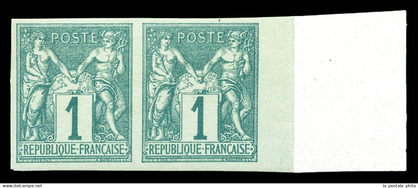 ** N°61a, 1c Vert Non Dentelé En Paire Grand Bord De Feuille Latéral. Fraîcheur Postale. SUP (signé Brun/certificat)  Qu - 1876-1878 Sage (Type I)