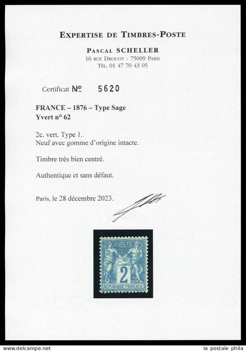 ** N°62, 2c Vert Type I, Fraîcheur Postale, Très Bon Centrage. SUPERBE (signé Brun/certificats)  Qualité: ** - 1876-1878 Sage (Type I)