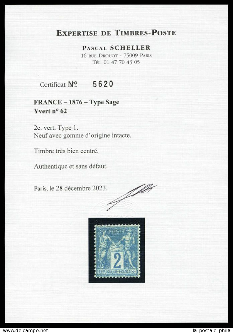 ** N°62, 2c Vert Type I, Fraîcheur Postale, Très Bon Centrage. SUPERBE (signé Brun/certificats)  Qualité: ** - 1876-1878 Sage (Typ I)