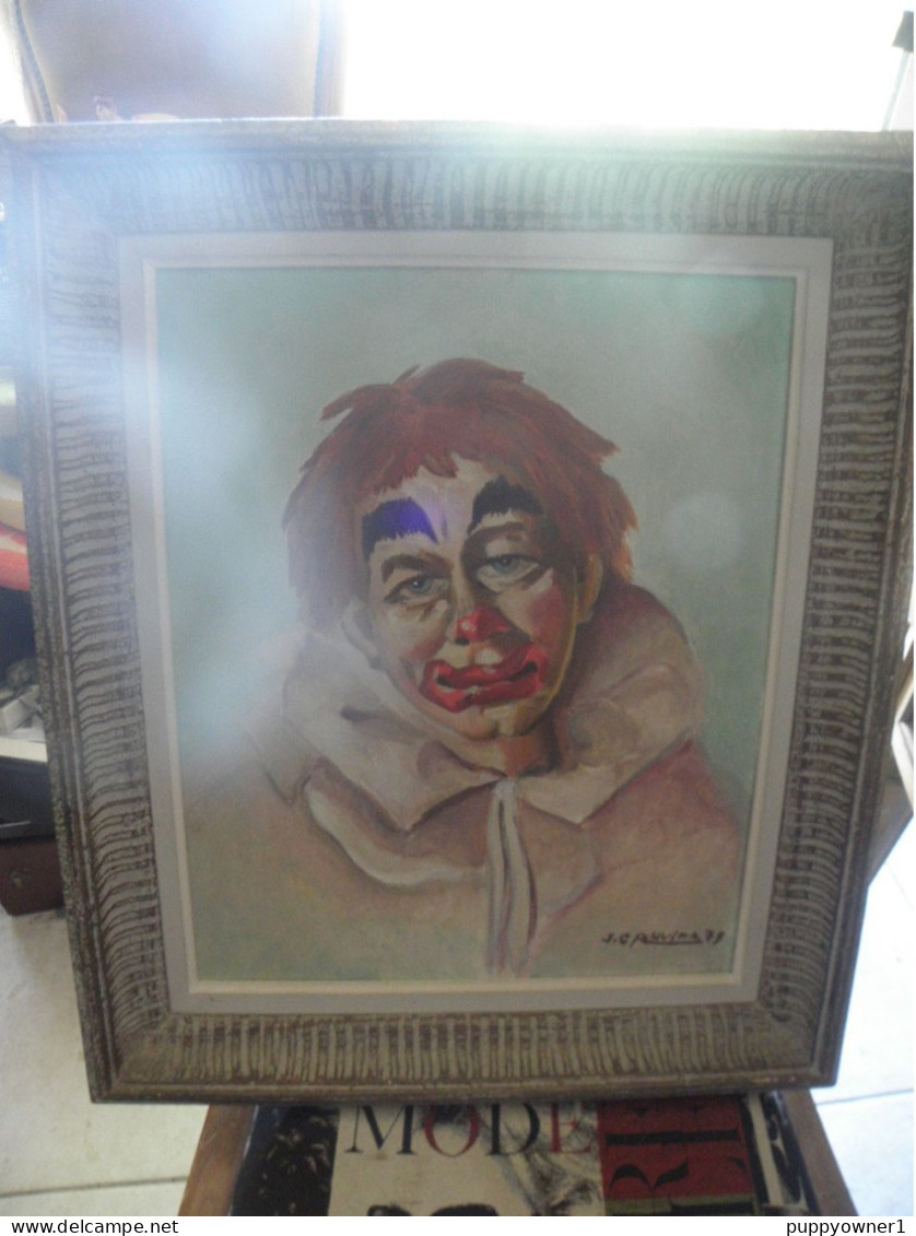 Peinture à L'huile D'un Clown Triste Signe J C Puvira 1979 - Olieverf