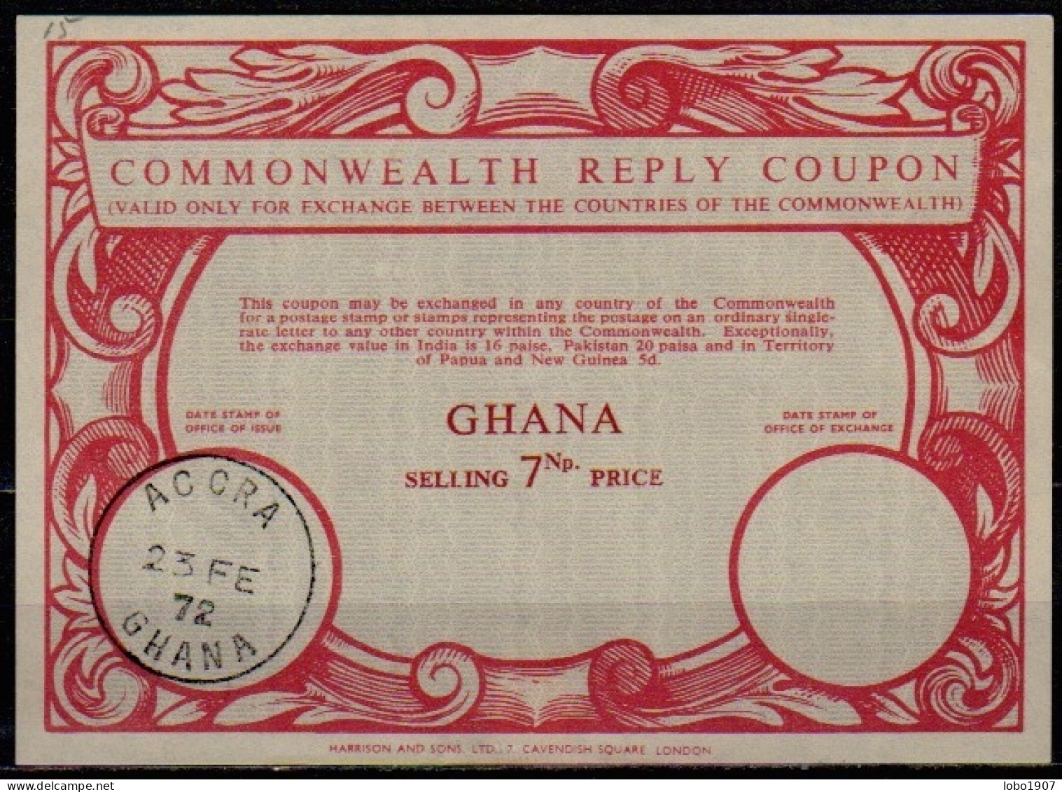 GHANA / CÔTE D'OR GOLD COAST  Co15  7Np.  Commonwealth Reply Coupon Reponse Antwortschein IRC IAS  ACCRA 23.02.72 - Gold Coast (...-1957)