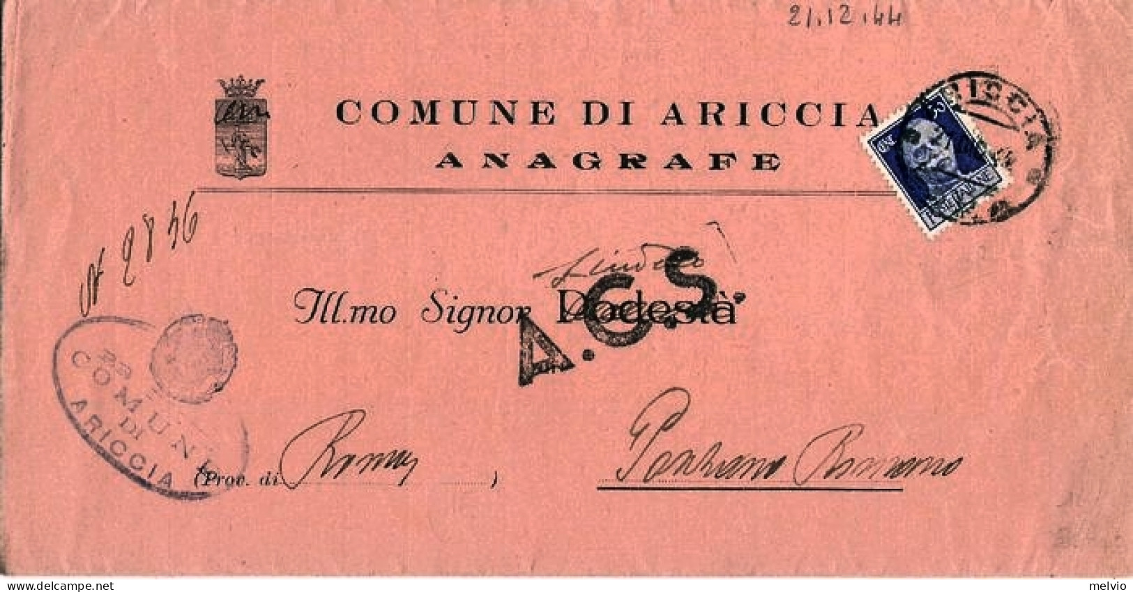 1944-Imperiale Senza Fasci C.50 Isolato Su Piego Ariccia (21.12) - Poststempel