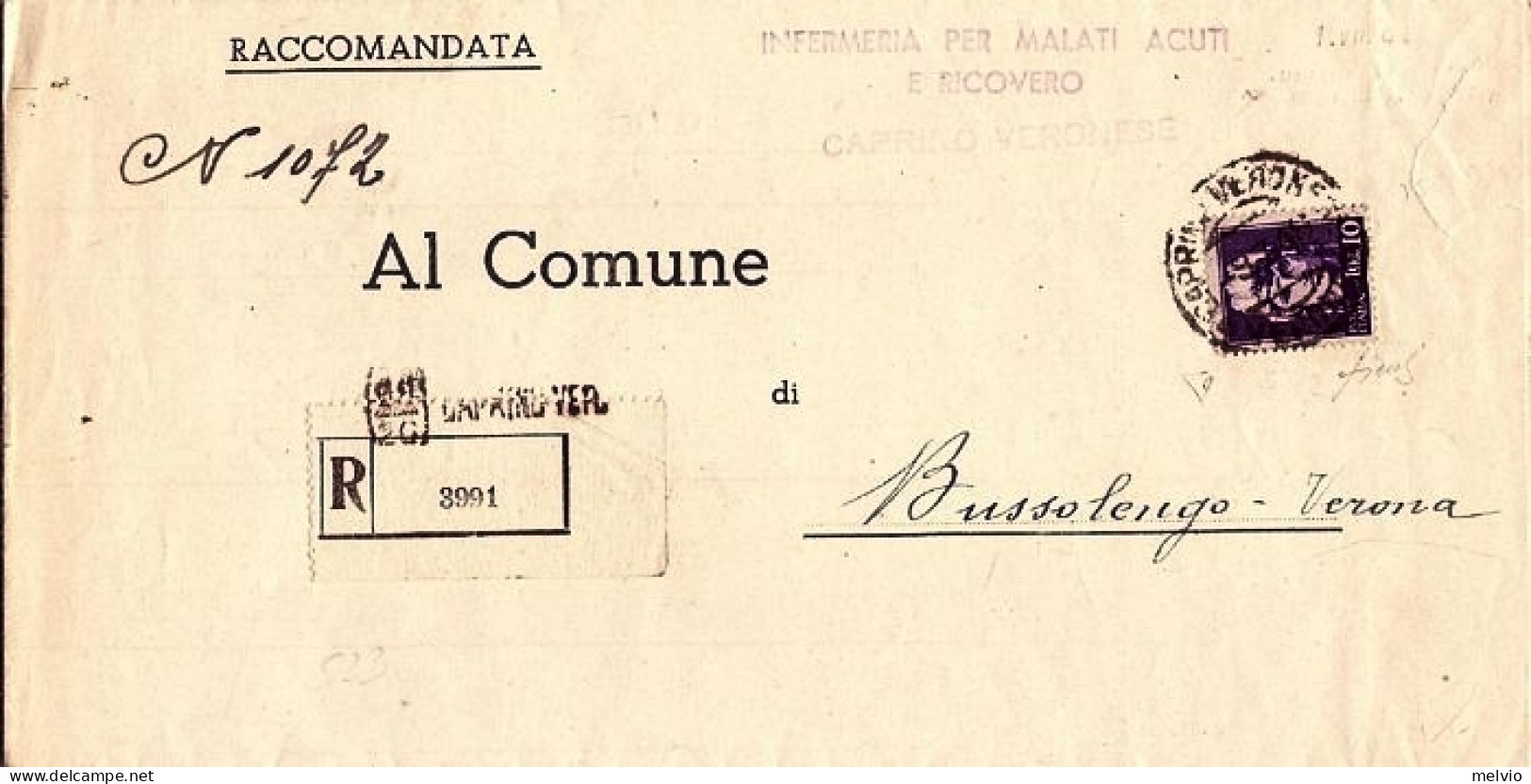 1946-Imperiale Senza Fasci Lire 10 Isolato Su Piego Raccomandato Caprino Verones - Marcophilie