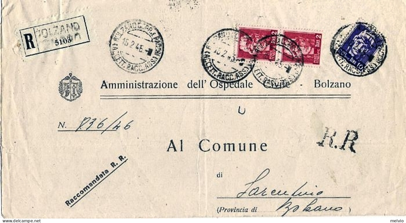 1946-Imperiale Senza Fasci Lire 10 E Democratica Coppia Lire 2 Su Piego Raccoman - Poststempel