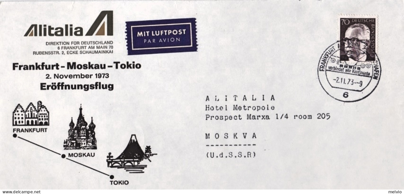 1973-Germania Diretto In Russia I^volo Alitalia Francoforte-Mosca Del 2 Novembre - Lettres & Documents