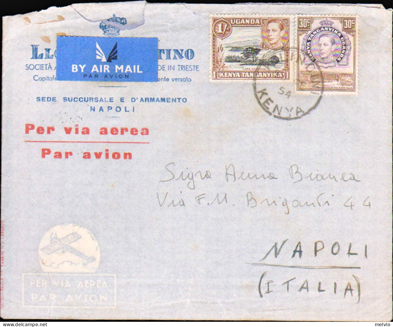 1954-Kenya Tanganyka Uganda Diretto A Napoli Affrancato 30c.+1scellino Giorgio V - Kenya, Uganda & Tanganyika