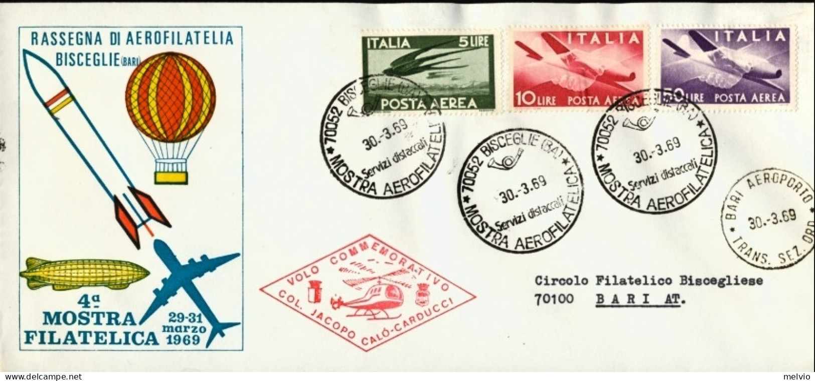 1969-volo Elipostale Bisceglie-Palese In Onore Del Trasvolatore Atlantico Colonn - Airmail