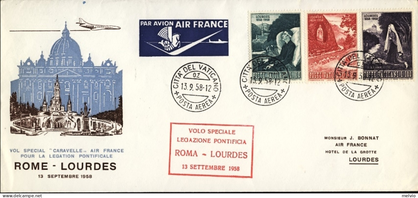 Vaticano-1958 Cat.Pellegrini N.883 Euro190, Air France Roma Lourdes Volo Special - Luftpost