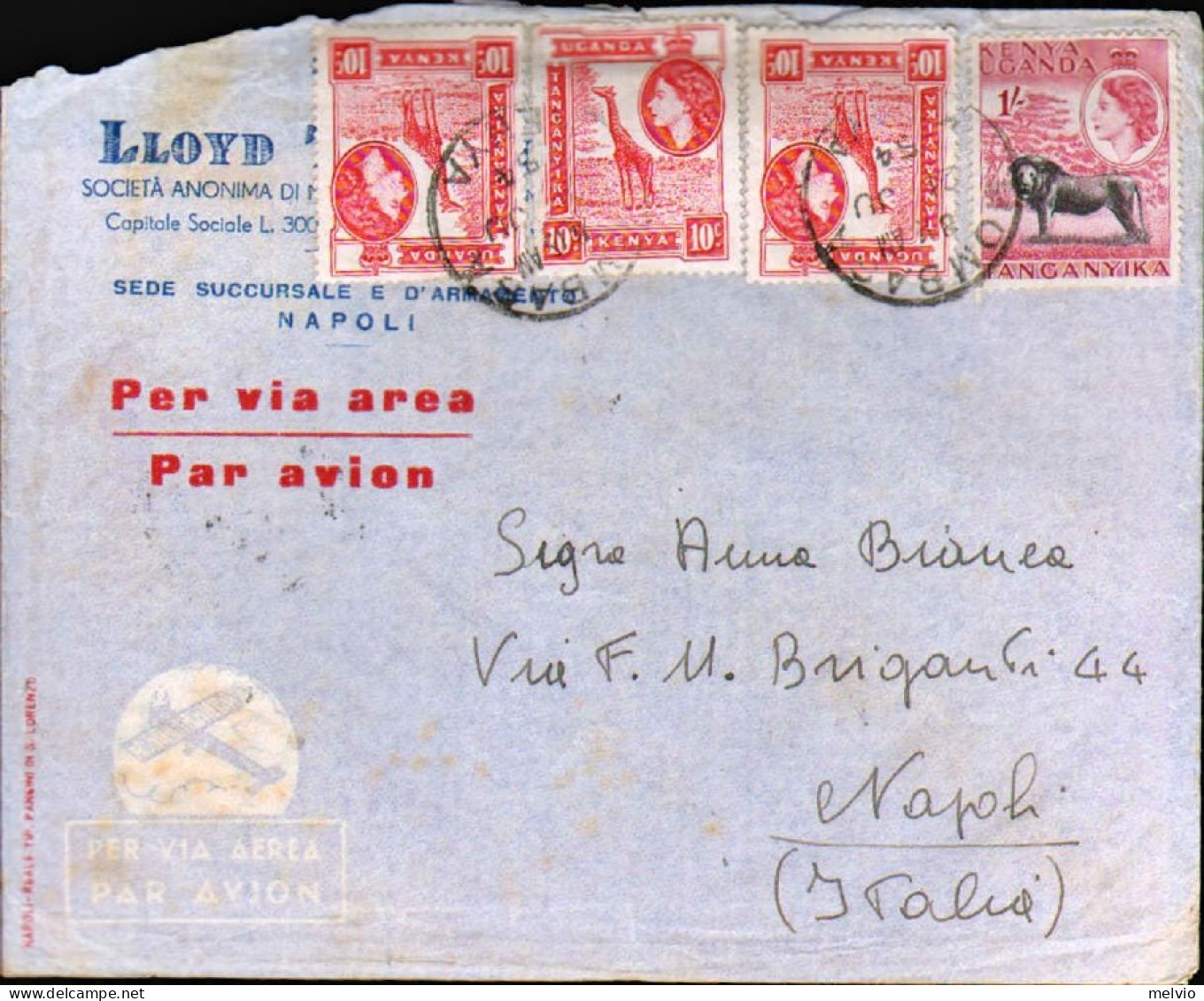 1954-Kenya Tanganyka Uganda Diretto A Napoli Affrancato Tre 10c.+1scellino Elisa - Kenya, Uganda & Tanganyika