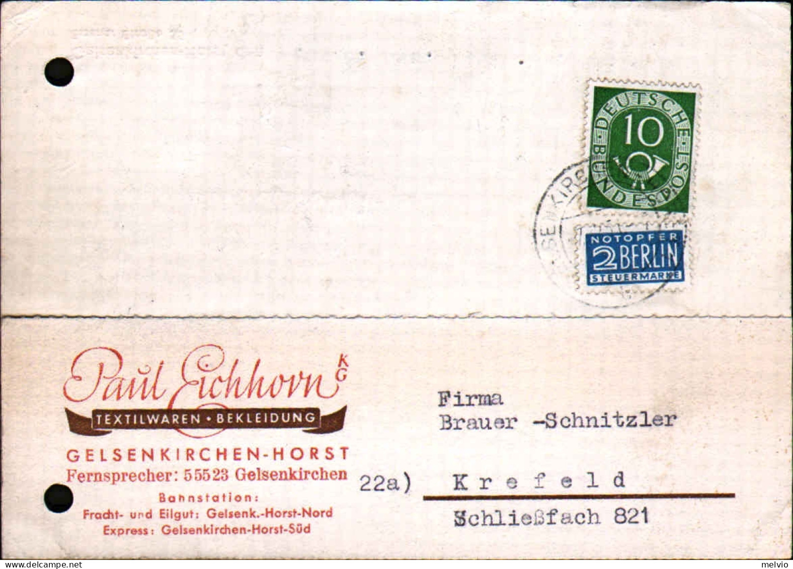1951-Germania Affrancata 10c.+2 Notopfer Berlin Steuermarke - Covers & Documents