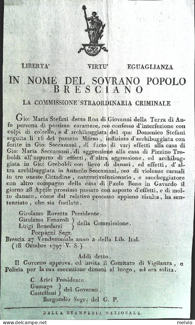 1797-In Nome Del Sovrano Popolo Bresciano Decreto Della Commissione Ordinaria Cr - Decreti & Leggi