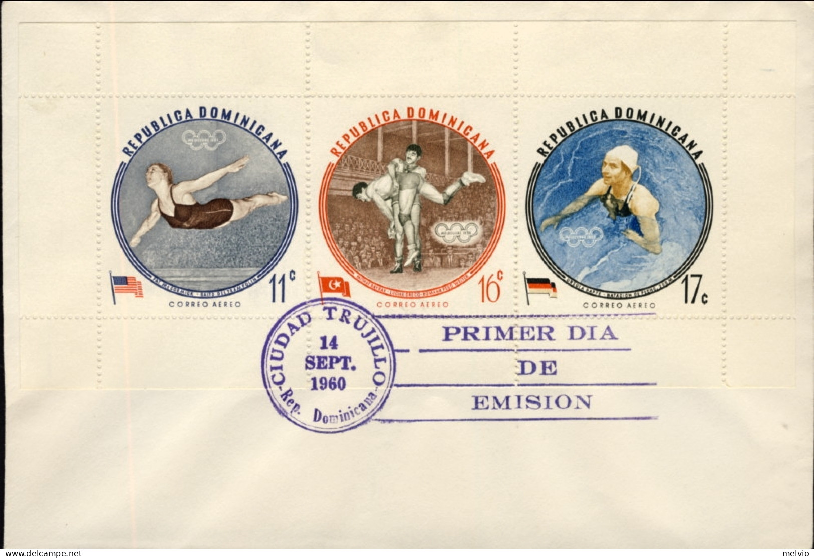 1960-Dominicana S.5 Valori + Foglietto "Olimpiadi Di Roma" Su Tre Fdc - Repubblica Domenicana