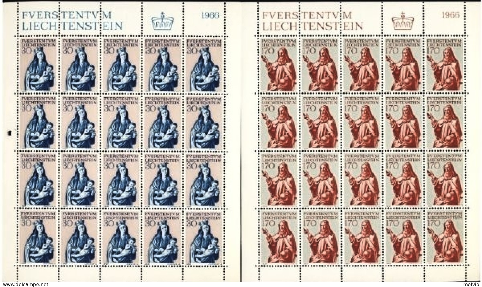 1966-Liechtenstein (MNH=**) S.4v.in Minifogli Da 20 Pezzi "chiesa Di Vaduz"catal - Unused Stamps