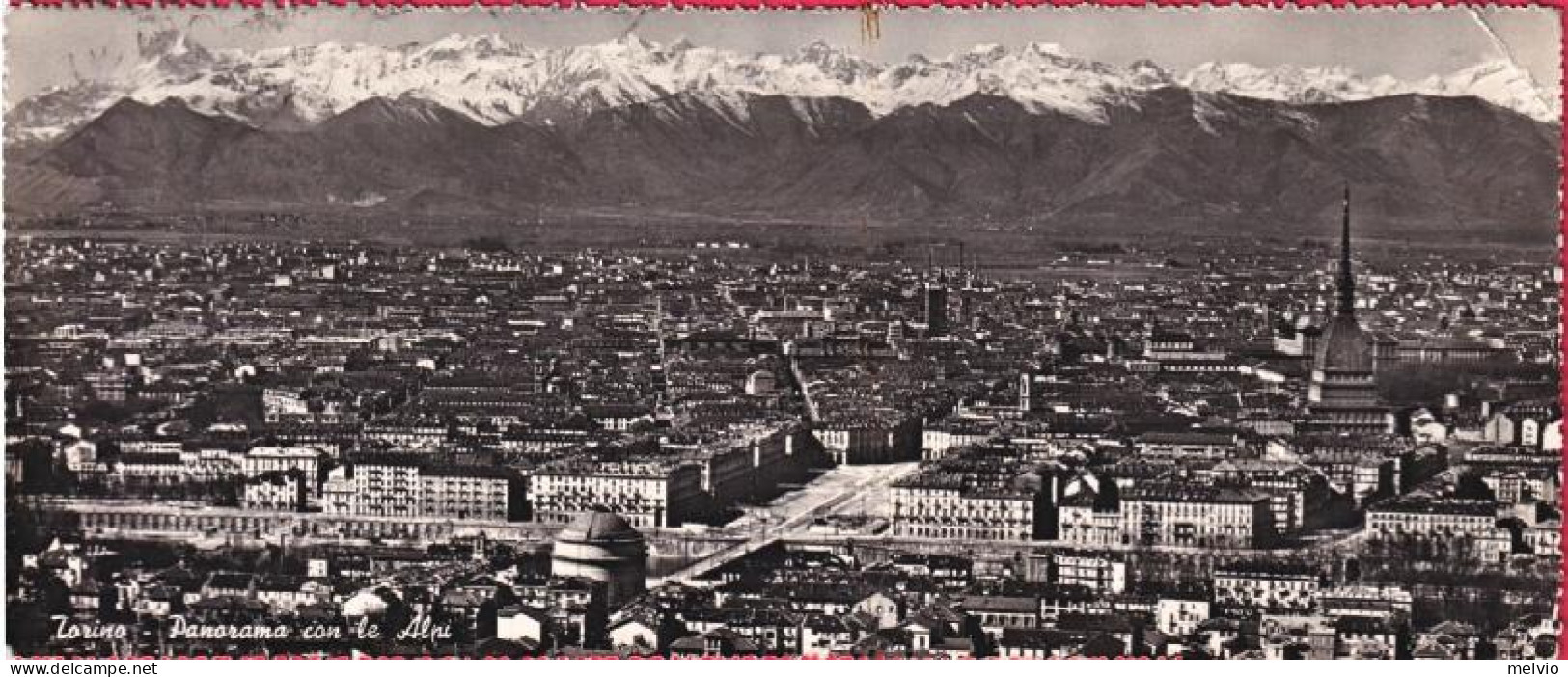1956-cartolina Large Panoramica Di Torino Con Le Alpi, Viaggiata - Other & Unclassified